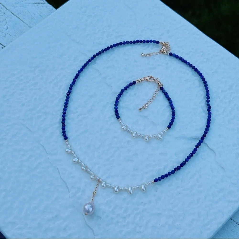 AM69 Handmade Freshwater Baroque Pearl Lapis Necklace Bracelet Set - Picture 7 of 8